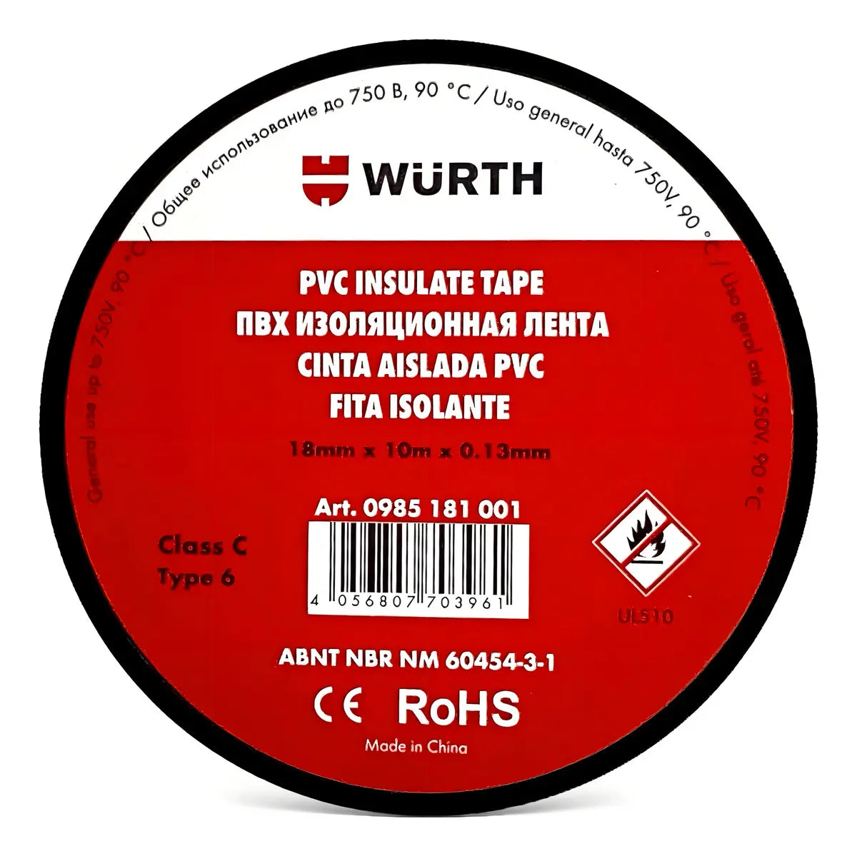 Cinta aislante negra 18mmx20m wurth